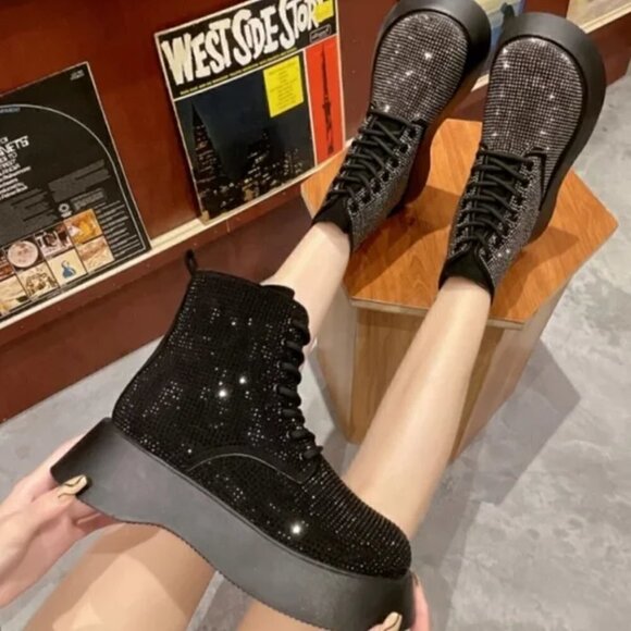 NEW BLACK SPARKLY LACE UP COMBAT BOOTS - Picture 3 of 6